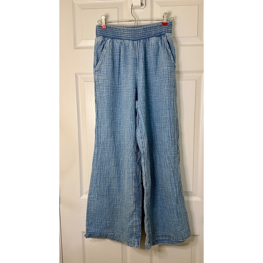 Aerie Wide Leg Pants Women XS Blue Cotton Gauze Smocked Side Slit Boho